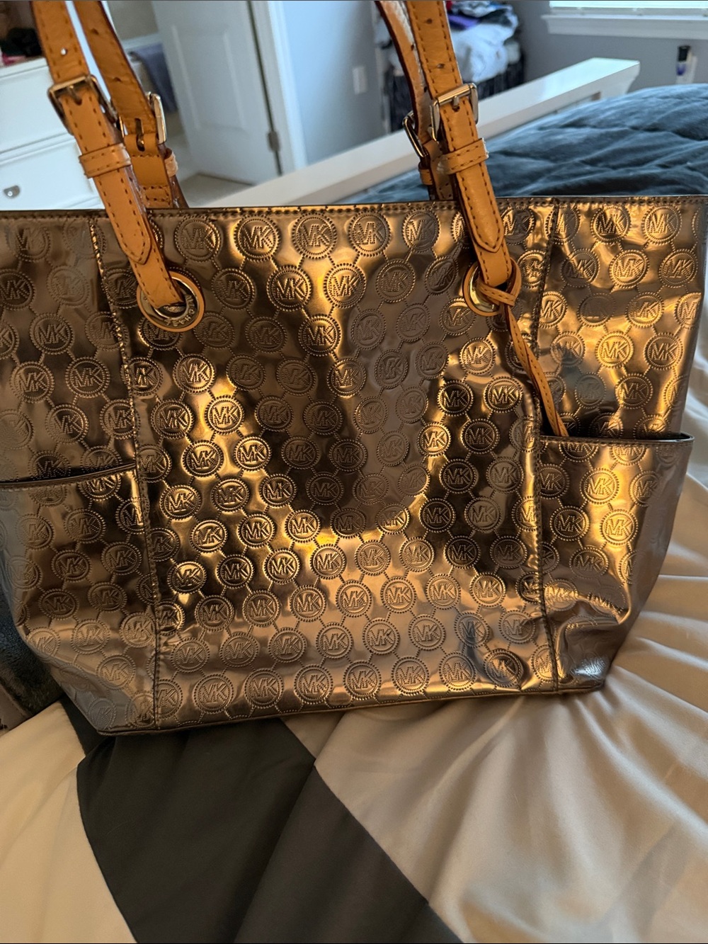 Michael Kors Metallic silver  Tote with Tan Straps